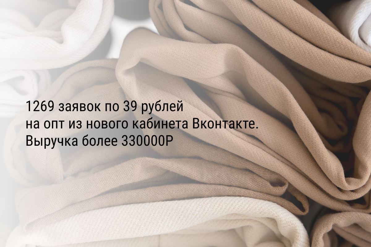 Кейс: 1269 заявок по 39 рублей на опт из нового кабинета Вконтакте. Выручка более 330000Р