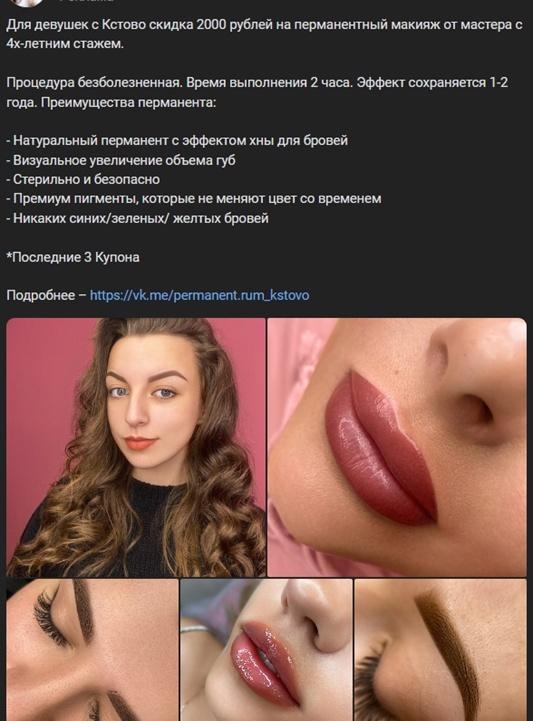 Кейс продвижения заявок на перманентный макияж с таргета ВК. 17 записей на 77150 — иллюстрация 2