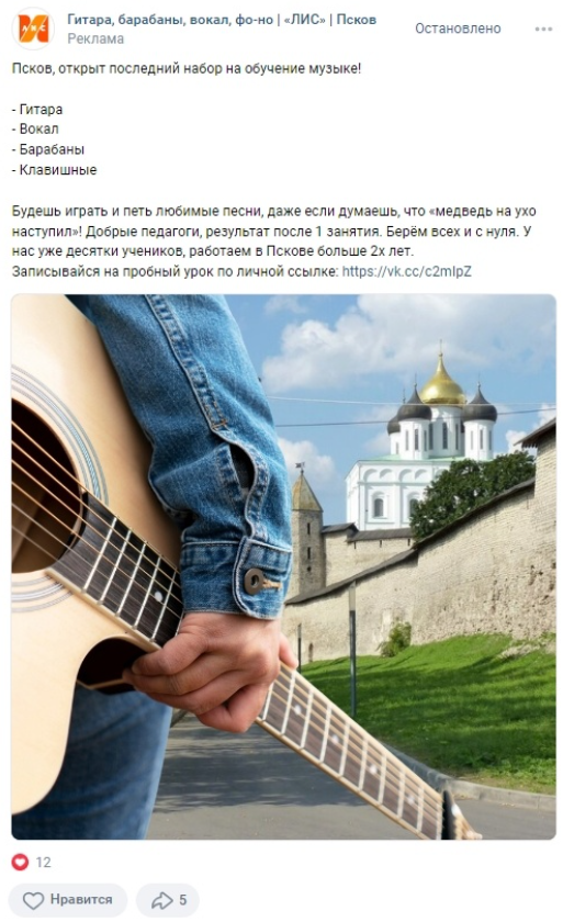 Кейс: SMM для Музыкальной студии «ЛИС» в Пскове: 87 заявок по 332₽ за 6 месяцев — иллюстрация 13