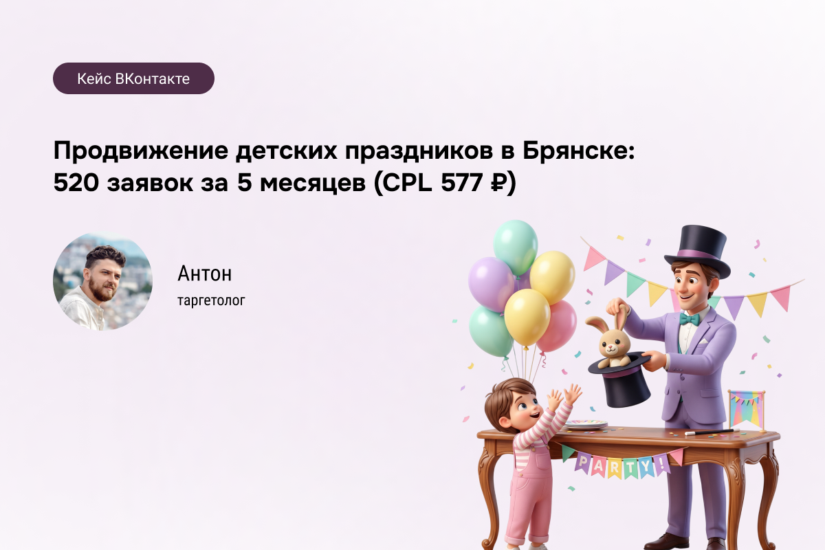 Кейс: Детские праздники в Брянске - 520 заявок по 577 ₽
